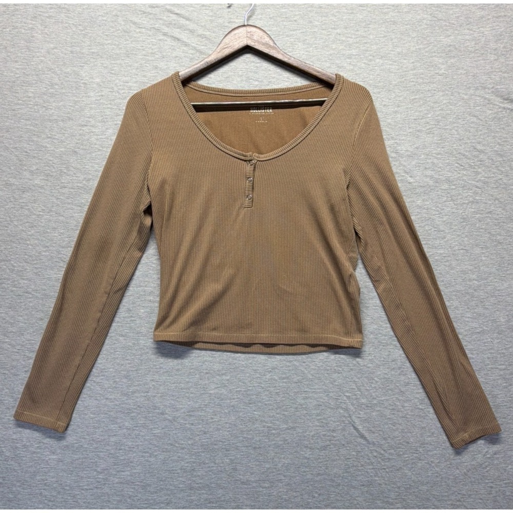 Hollister Must Have Collection Cropped Henley‎ Top Womens Large Tan Ribbed Knit